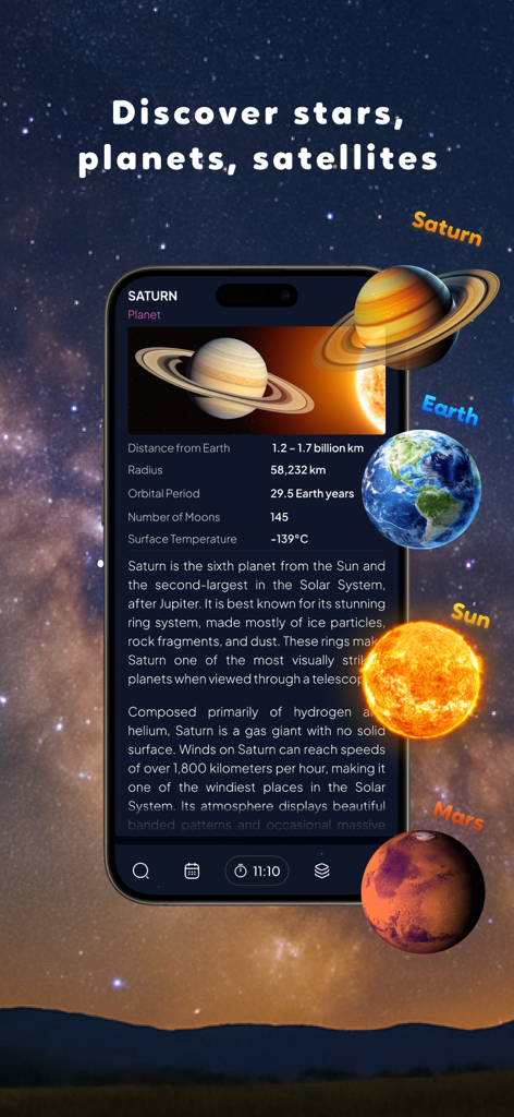 Tela de smartphone exibindo informações sobre Saturno com modelos 3D de planetas e o sol