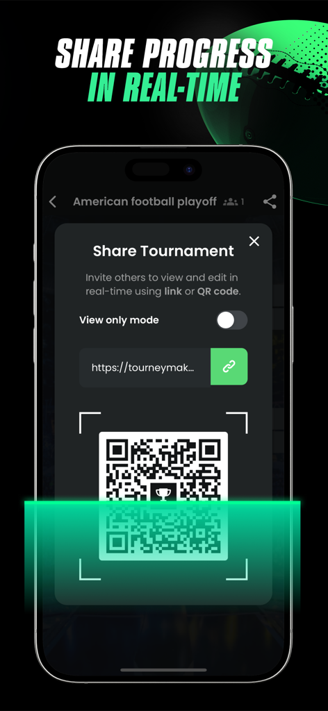 Tourney app screen showing options to share tournament progress via QR code or link
