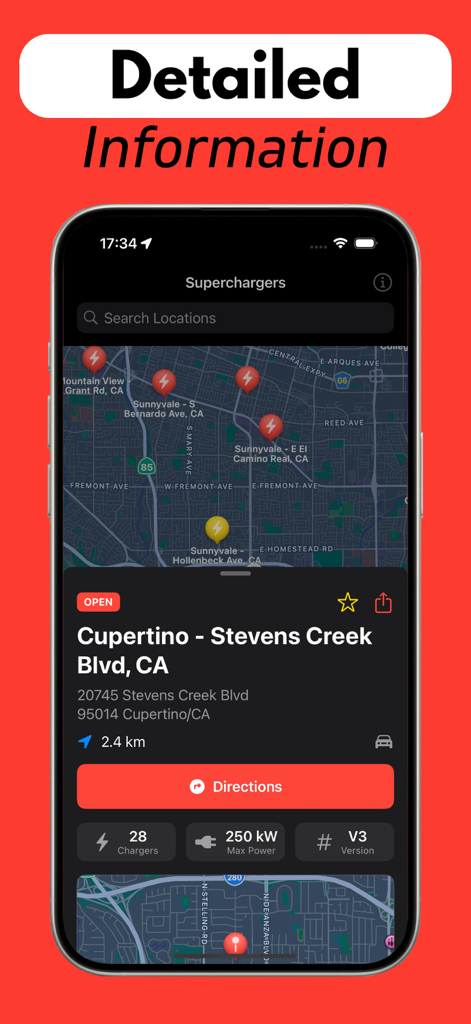 App-Oberfläche mit detaillierten Informationen für eine Tesla Supercharger-Station, einschließlich Standort und Ladegeschwindigkeit