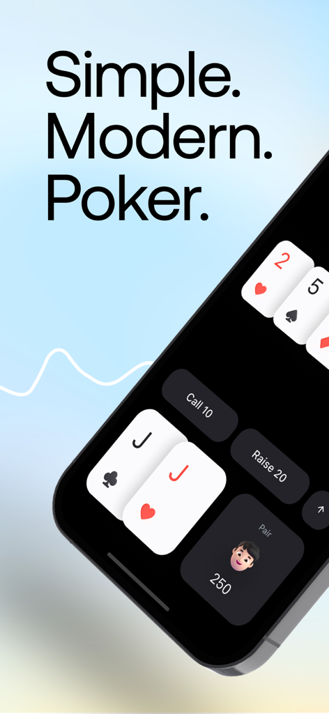 Una pantalla de smartphone que muestra una interfaz de juego de póker moderna y simple con el texto Simple Modern Poker.