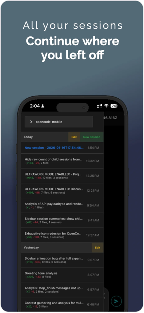 A list of recent coding sessions and project updates shown on the OpenCode mobile app interface