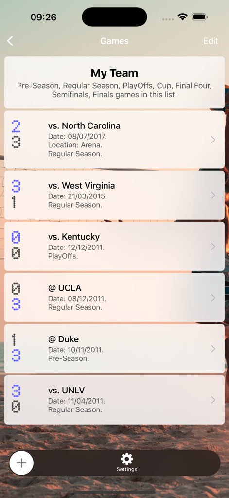 Assistant Coach Volleyball - Assistant Coach Volleyball app screen showing a list of games with scores, opponents, and match dates.