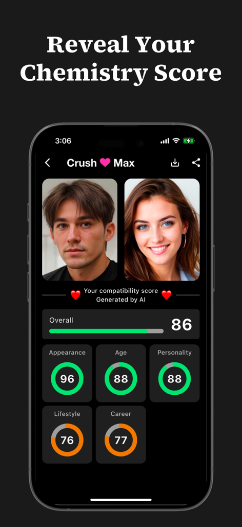 Amora Max - Find Your Soulmate - Interface do aplicativo Amora Max mostrando pontuação de compatibilidade gerada por IA e insights de relacionamento para duas pessoas.