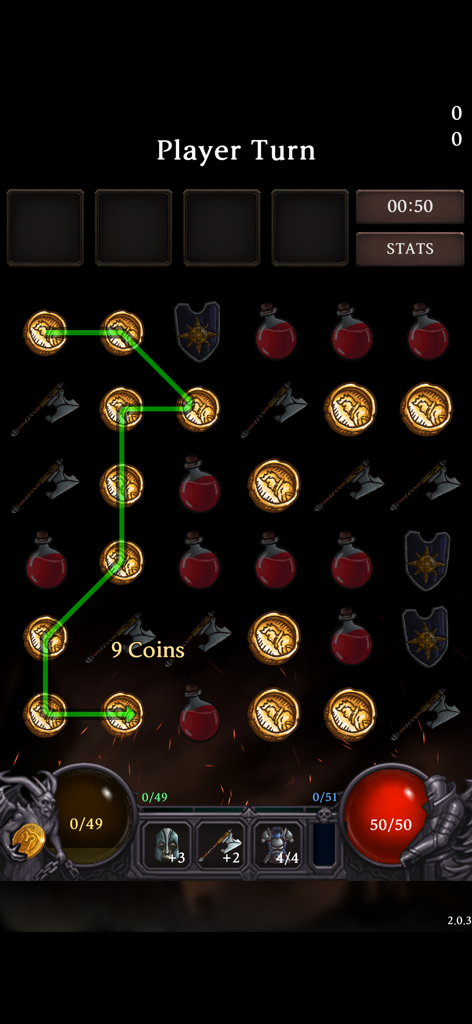 Gameplay screenshot of Dungeon Tracer showing a player connecting coin tiles in a match three puzzle battle with RPG stats and inventory at the bottom
