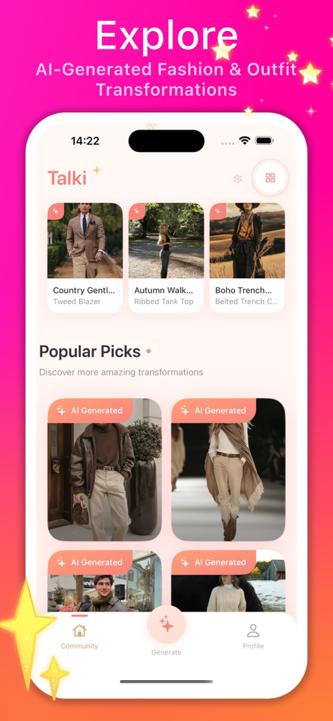 Talki - Fun & Share - Screenshot of the Talki app explore screen displaying AI-generated fashion transformations and popular outfit picks.