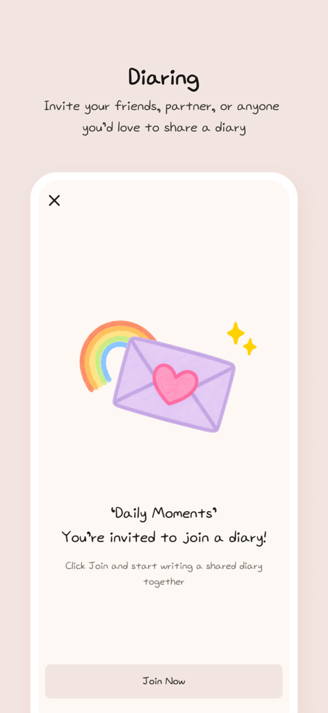 귀여운 봉투 삽화와 함께 공유 매일의 순간 일기에 참여하도록 Diaring 앱의 초대 화면