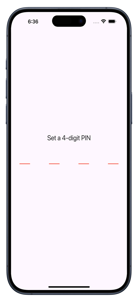 NoPhone NoEmail - A screen for setting a 4 digit security PIN in the NoPhone NoEmail app