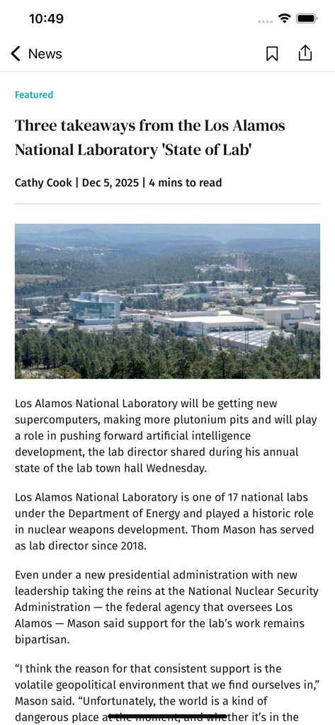 Albuquerque Journal Newspaper - Article view in the Albuquerque Journal app featuring a story about Los Alamos National Laboratory