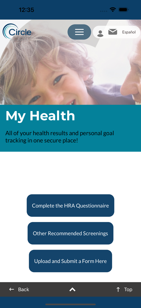 CircleWellness - CircleWellness app My Health dashboard with links to HRA questionnaire and health screenings