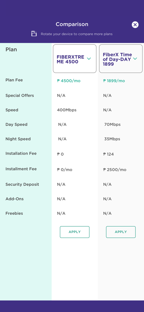 Tabla comparativa de planes de internet de fibra en la aplicación Converge GoFiber