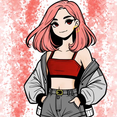 a realistic girl with a crop top and short shorts in an open jacket