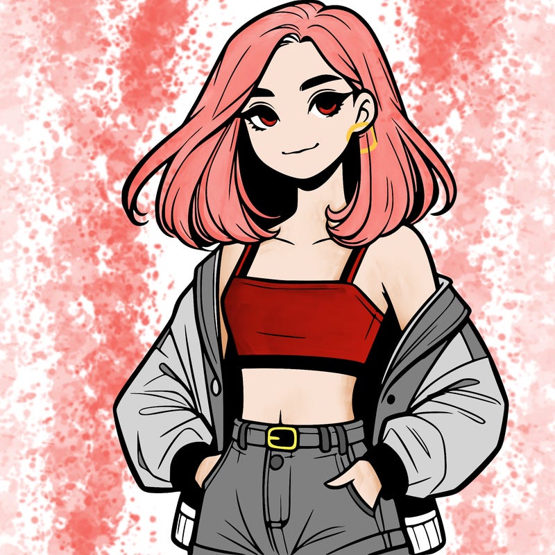 a realistic girl with a crop top and short shorts in an open jacket