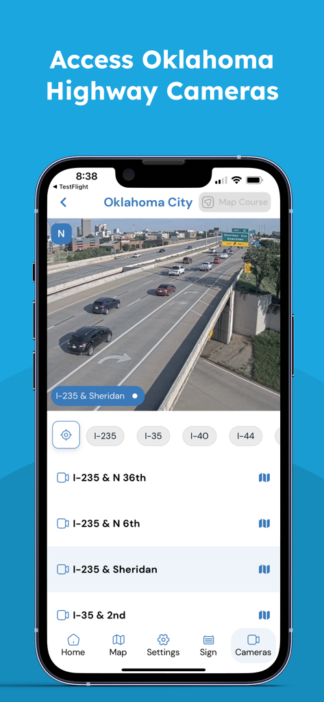 Drive Oklahoma - Transmisión de cámara de autopista en tiempo real en la aplicación Drive Oklahoma que muestra el tráfico en la I-235 y Sheridan