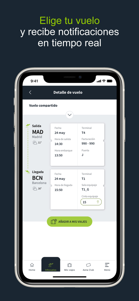 Pantalla de seguimiento de vuelos de la app móvil Aena que muestra detalles de salida y llegada para Madrid y Barcelona