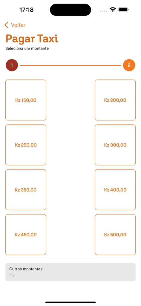 Uma interface de aplicação móvel para pagar tarifas de táxi em Kwanzas angolanos com blocos de preço pré-definidos.
