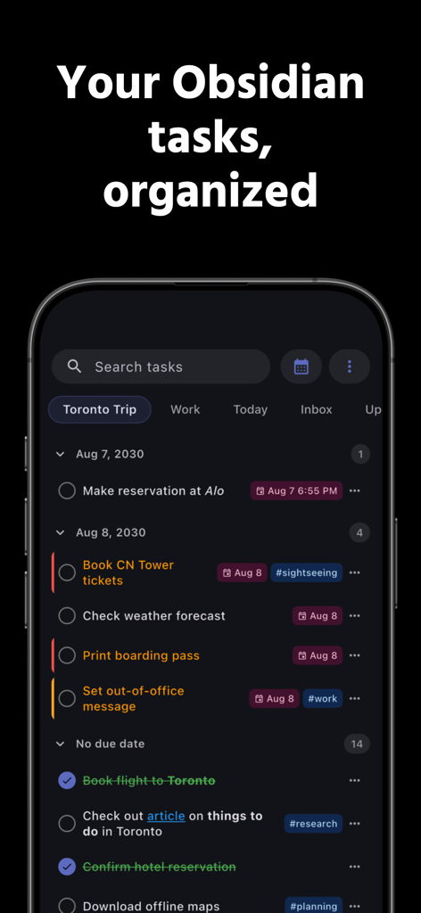 TaskForge - Obsidian Tasks - A screenshot of the TaskForge app showing a list of organized tasks with dates and tags