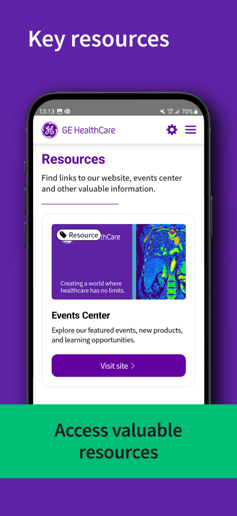 Página de recursos do aplicativo GE HealthCare Imaging mostrando o link do Centro de Eventos