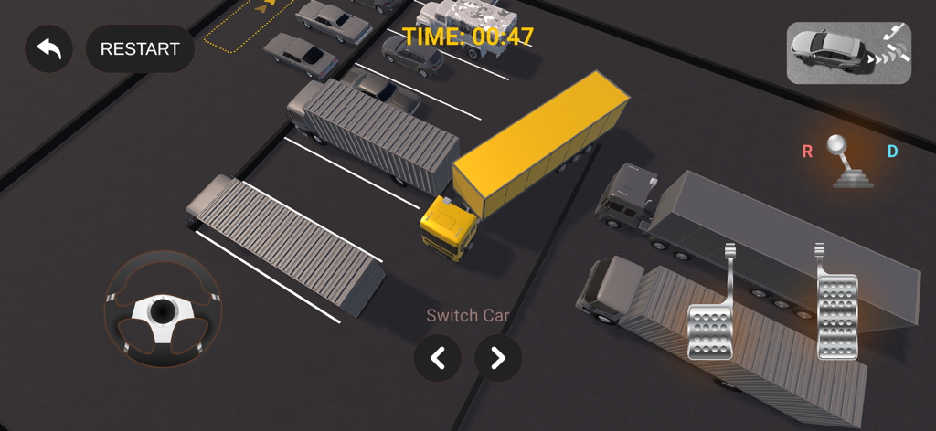 3D Car Parking Driving School - Gameplay screenshot of 3D Car Parking Driving School showing a yellow truck maneuvering in a parking lot with on-screen driving controls
