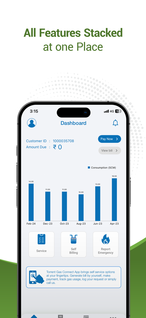 Dashboard of the Torrent Gas Connect app showing a gas consumption chart and billing options.