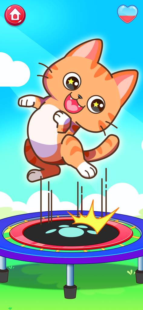 Cat Games for kids - Un alegre gato naranja con ojos de estrella saltando en un trampolín en un juego para niños.