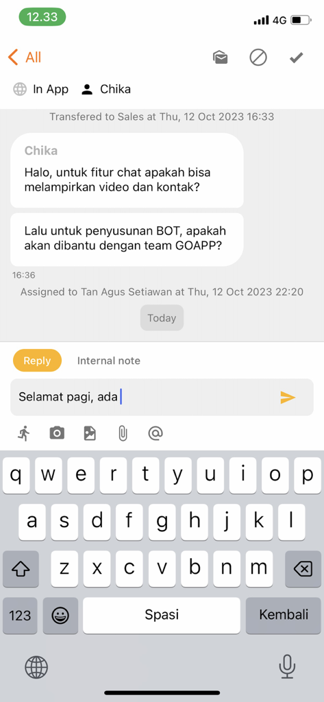 Goapp Mobile - Goapp Mobile application showing an omni-channel customer support chat interface