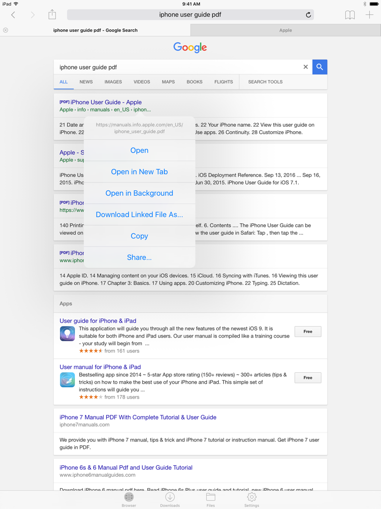 Files HD Pro - Interfaz del navegador web en Files HD Pro en iPad mostrando un menú de opciones de descarga para el resultado de una búsqueda de PDF