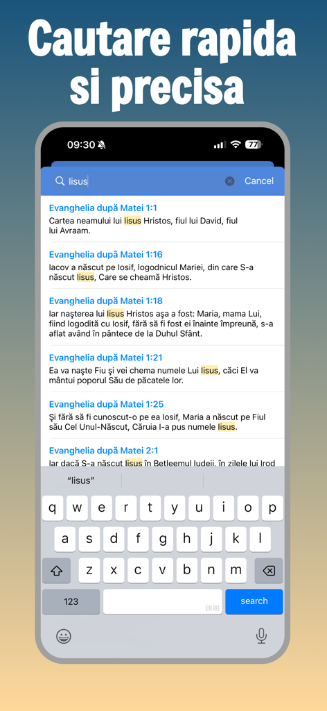 Biblia Ortodoxă în Română - Resultados de búsqueda de Jesús en la interfaz de la aplicación Biblia Ortodoxa Rumana