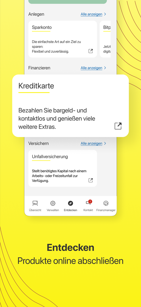 Mein ELBA-App - Interface of the Mein ELBA app showing various financial services including credit cards and savings accounts