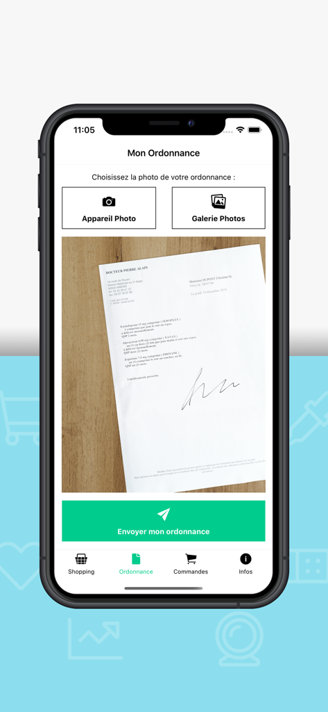 Pharmacie du Centre Albert - Interface de téléchargement d'ordonnance de l'application mobile de la Pharmacie du Centre montrant les options pour prendre une photo ou sélectionner dans la galerie