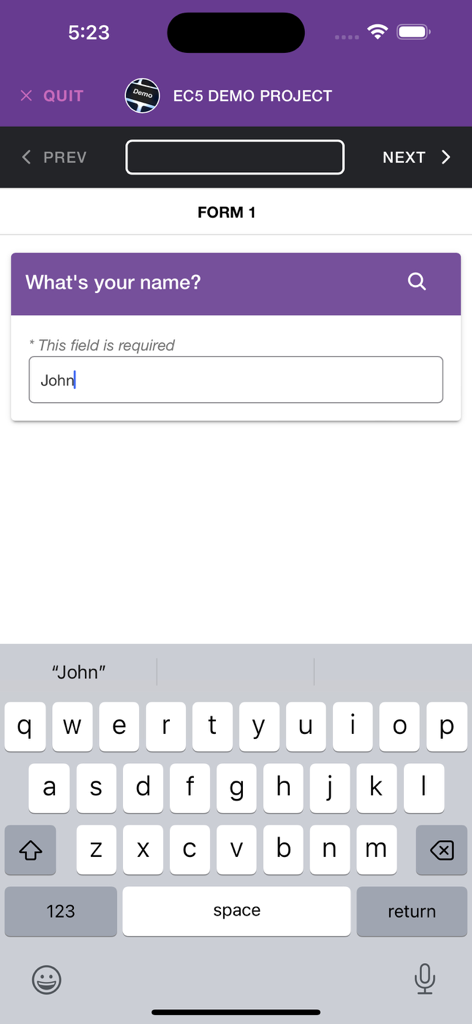 A mobile interface for the Epicollect5 app showing a required text field in a demo research form