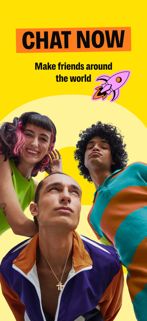 Group of teenagers under the text Chat Now and Make friends around the world