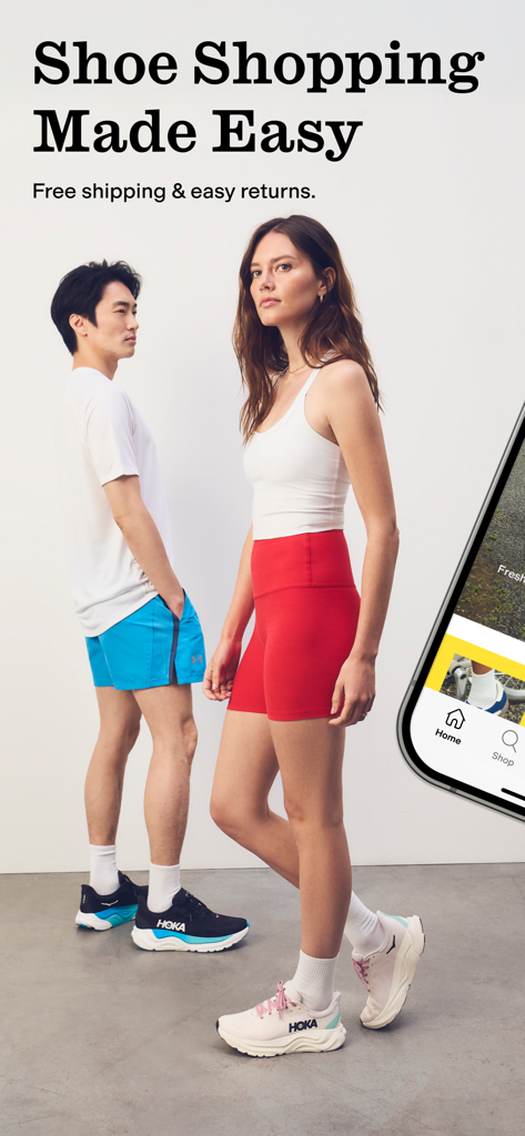 Zappos: Shop shoes & clothes - A promotional screen for the Zappos app featuring two people in athletic gear and HOKA sneakers with text about free shipping and easy returns