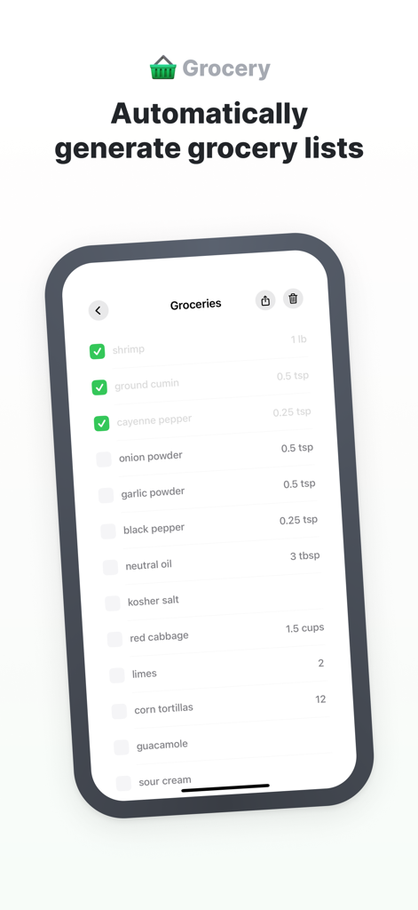 Remy - Recipes & Meal Planner - A screenshot of the Remy app showing an automatically generated grocery list with various recipe ingredients and checkboxes