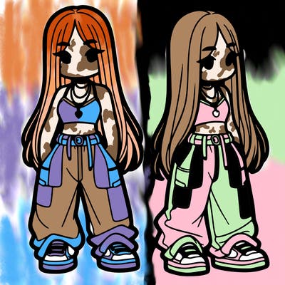 girl in baggy pants crop top and long hair