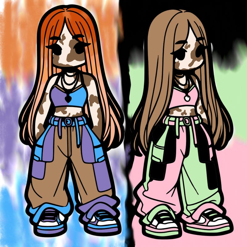 girl in baggy pants crop top and long hair