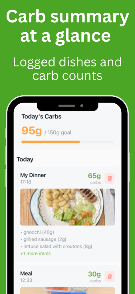 CarbCountAI - The CarbCountAI app interface showing daily carb progress and a detailed list of logged meals with food photos and nutritional estimates.