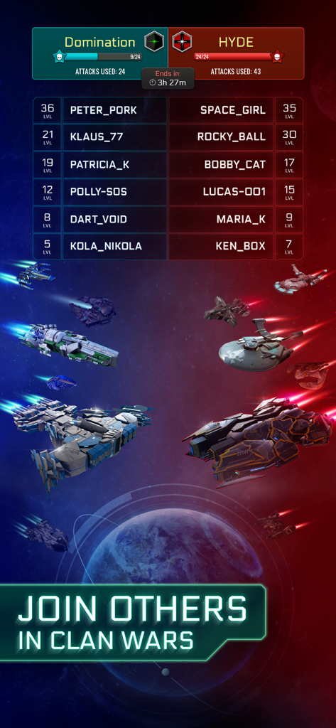A competitive clan war screen in Space Arena showing two opposing teams of spaceships and player rankings above a planet.