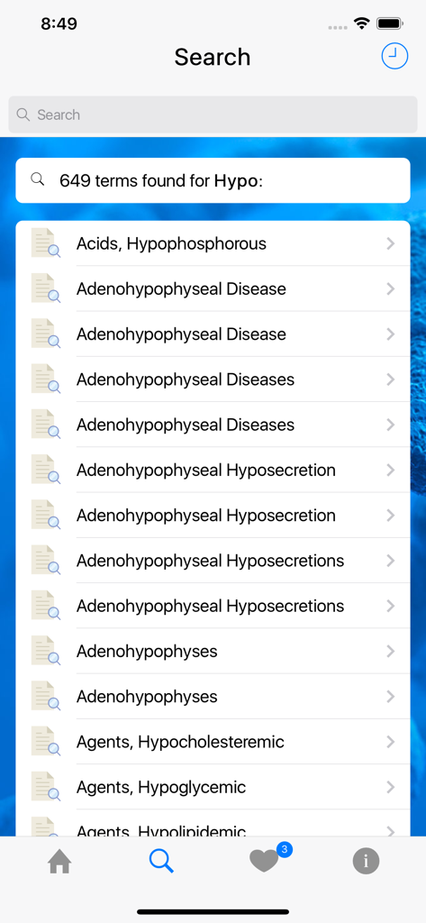 Medical Dictionary - English - Medical dictionary search interface showing terms for the prefix Hypo