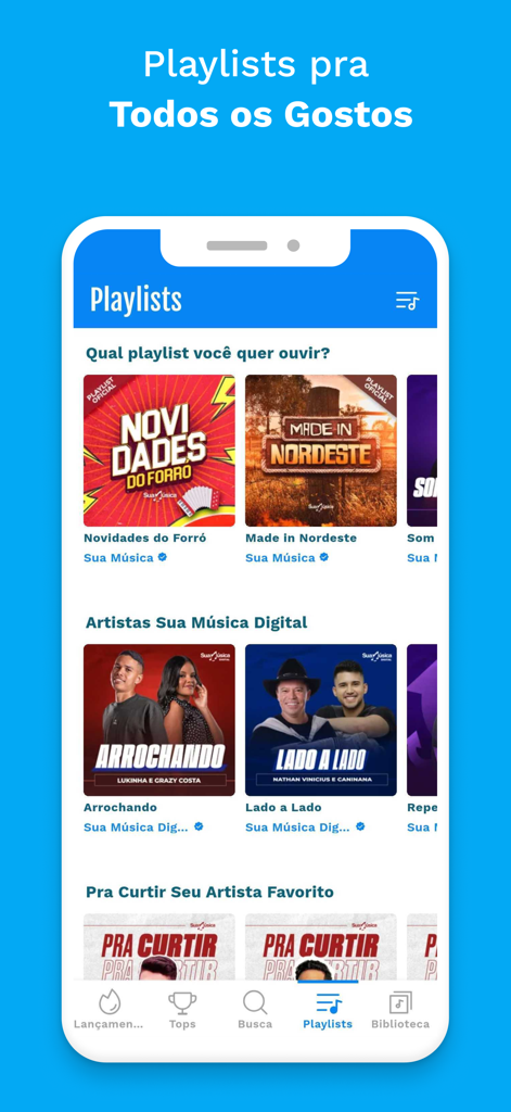 Sua Música: Ouvir e Baixar - Uno screenshot dell'app Sua Música che mostra playlist di musica brasiliana regionale come successi di Forró e Nordeste.