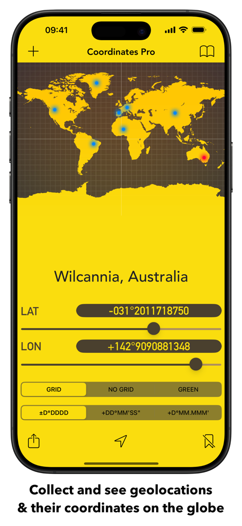 Interface de l'application Coordinates Pro montrant les valeurs de latitude et longitude et les géolocalisations de carte du monde