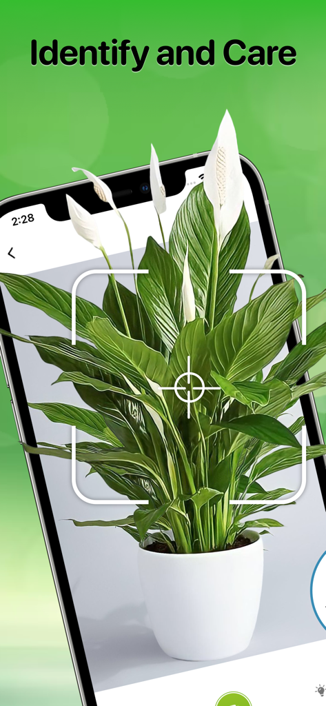 Plant Identifier And Care Tips - Smartphone app interface using an AI scanner to identify a Peace Lily plant.