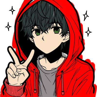 teenage manga boy in a hoodie, doing ✌