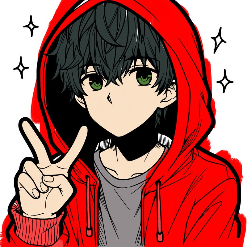 teenage manga boy in a hoodie, doing ✌