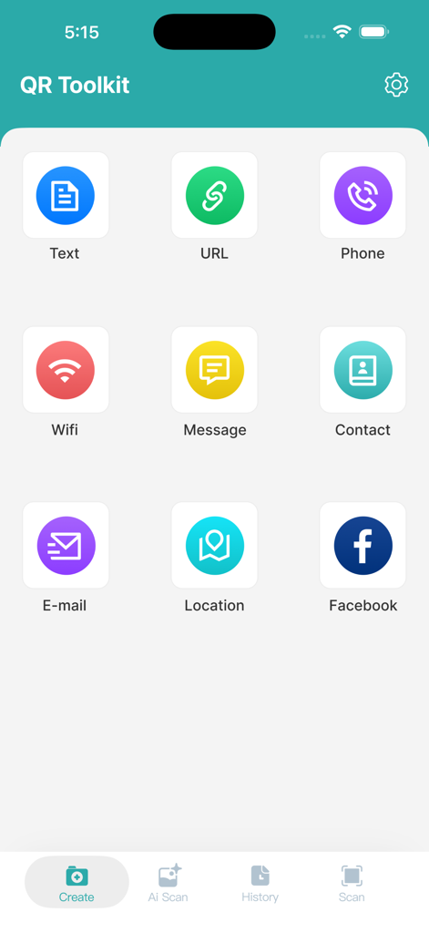 QR Toolkit - Scan&Code - QR Toolkit app interface showing options to create QR codes for URL, WiFi, and contacts