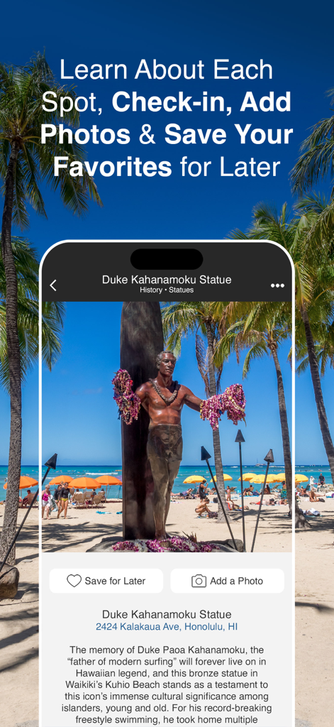 Oahu Offline Island Guide - The Duke Kahanamoku Statue detail screen in the Oahu Offline Island Guide app