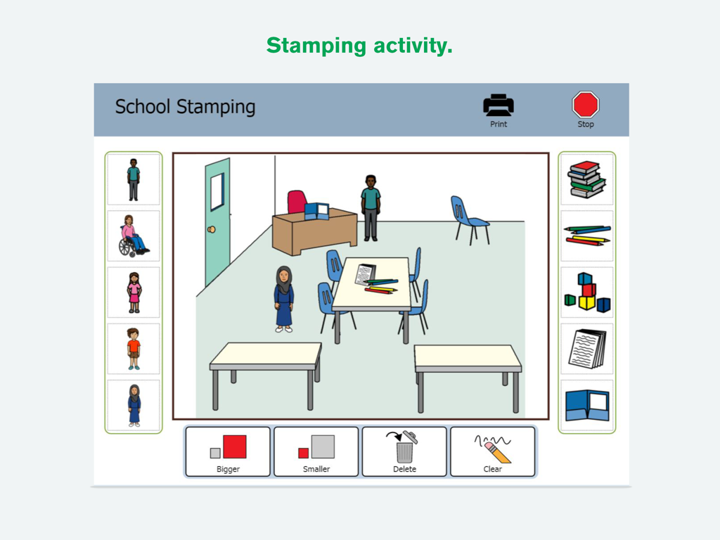 Boardmaker 7 Student Center - Boardmaker 7 Student Center school stamping activity interface with classroom icons