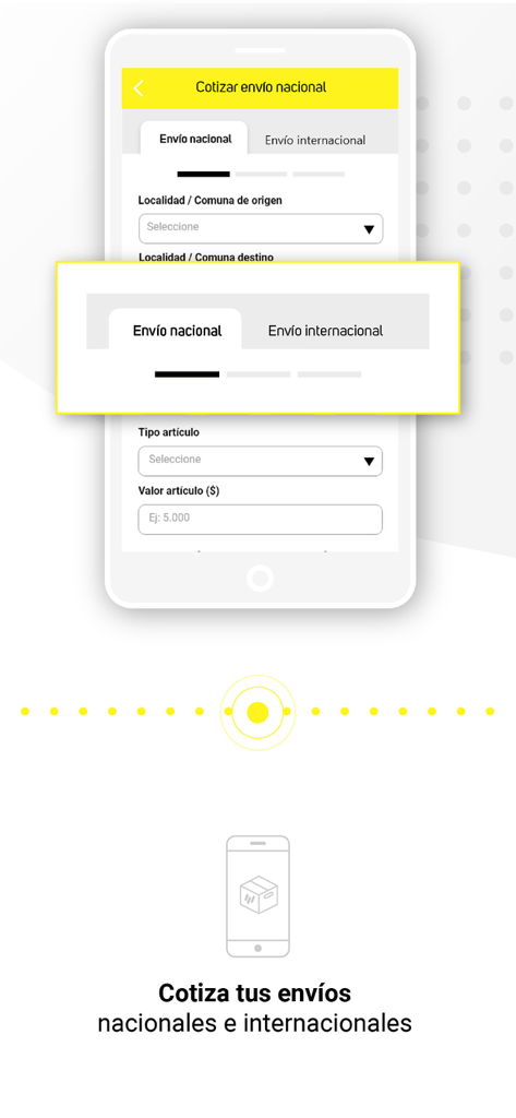 Chilexpress - Pantalla de la aplicación Chilexpress para calcular costos de envío nacionales e internacionales.