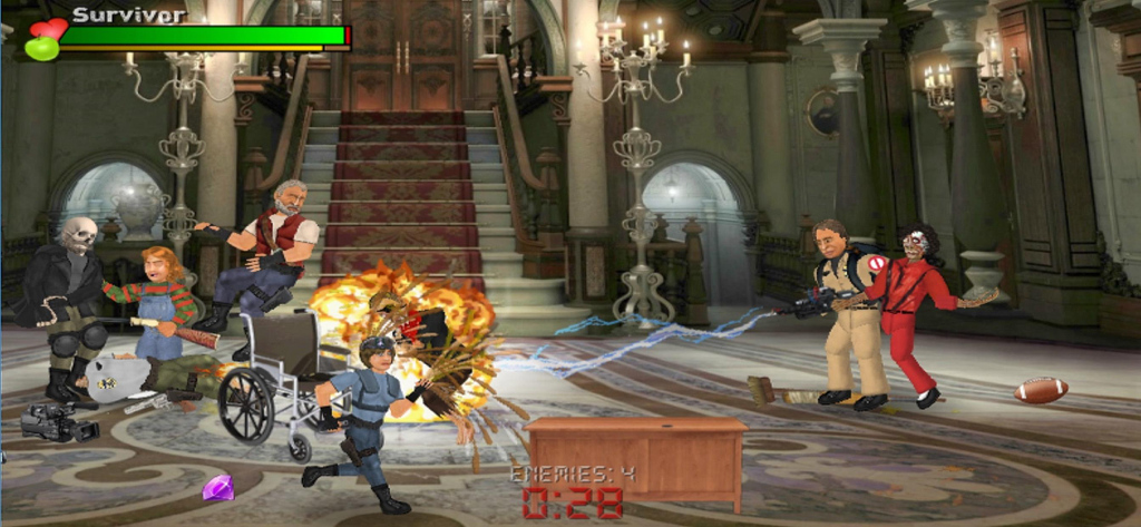 Extra Lives - A chaotic battle scene in the Extra Lives game with multiple characters and an explosion in a mansion