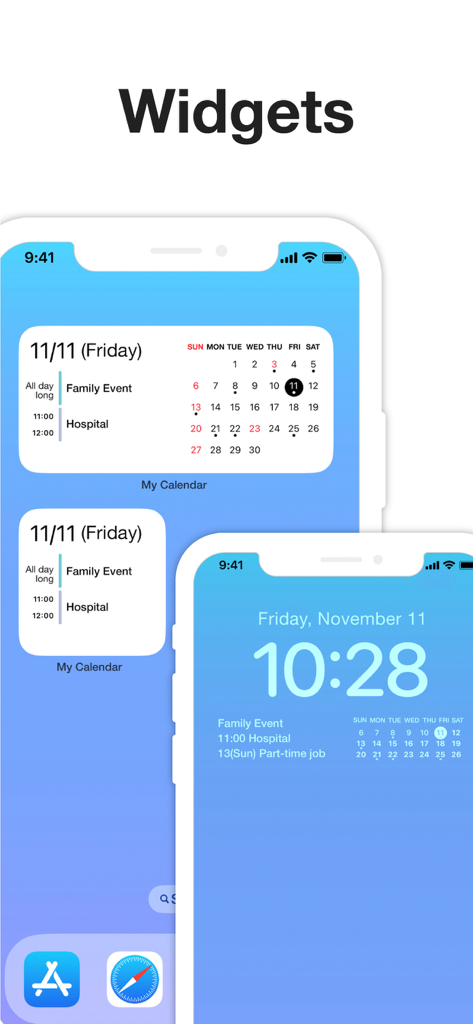 Visualización de widgets de la aplicación My Calendar en las pantallas de inicio y bloqueo del iPhone mostrando eventos programados