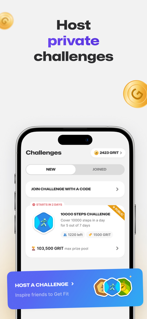 Fitmint: Walk & Steps tracker - Mobile screen of Fitmint app showing options to join or host private walking challenges for rewards